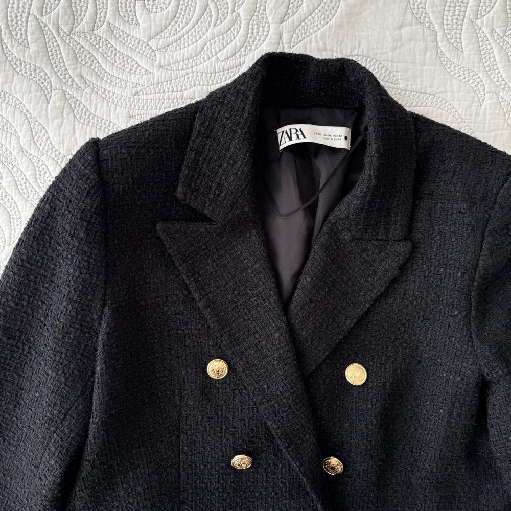 Zara - Double Breasted Textured Weave Blazer - Black - Picture 5 of 13